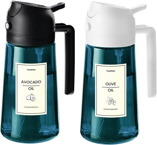 TrendPlain 16oz/470ml Blue Glass Olive Oil Sprayer for Cooking - 2 in 1 Olive Oil Dispenser for Kitchen Gadgets, Air Fryer, Salad, and BBQ - Black & White