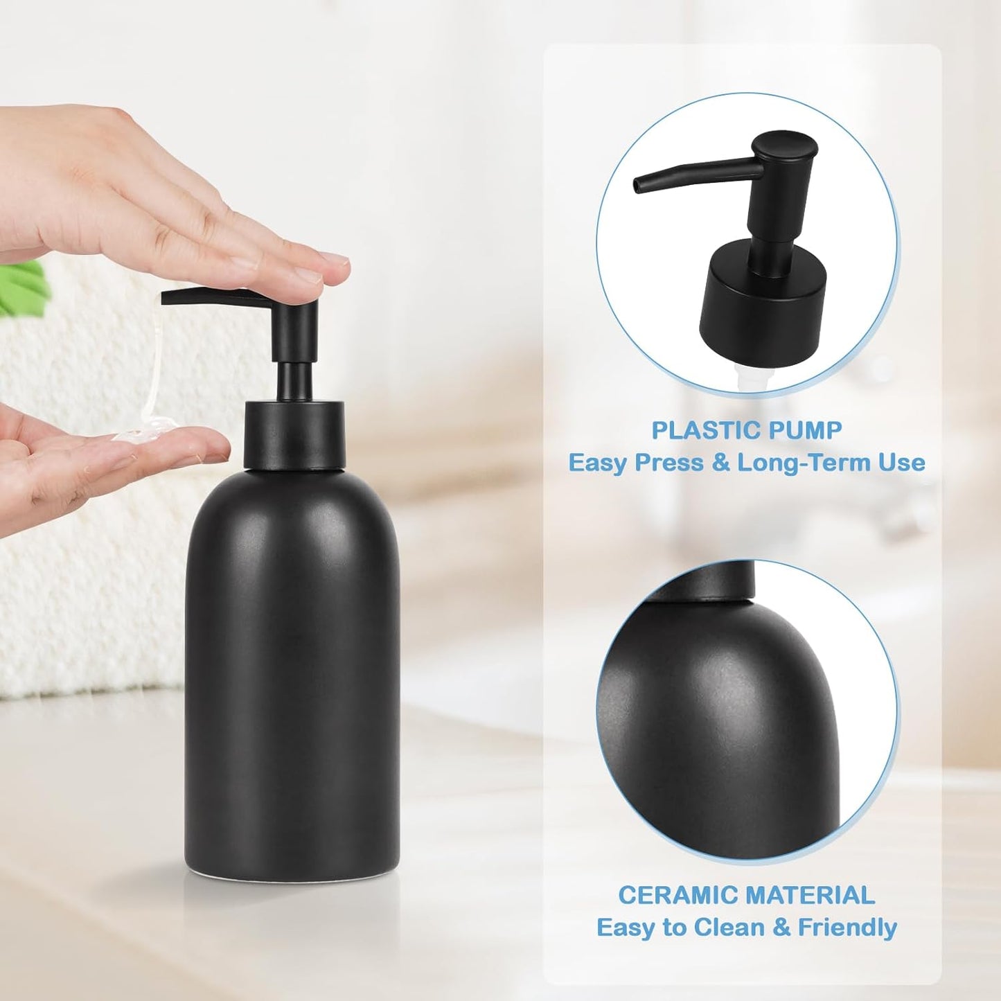 Natheeph 14OZ Ceramic Soap Dispenser Ceramic Soap Pump Dispenser Can Fill Liquid for Bathroom/Kitchen (Black)