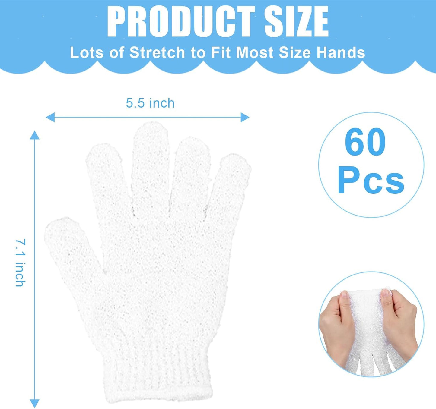 60Pcs Exfoliating Gloves Bulk, Scrub Gloves Exfoliating Body Scrubber Glove Exfoliator for Body Scrub Mitt, Bath Gloves for Shower Exfoliating Shower Glove for Women Bathing Accessories(White)