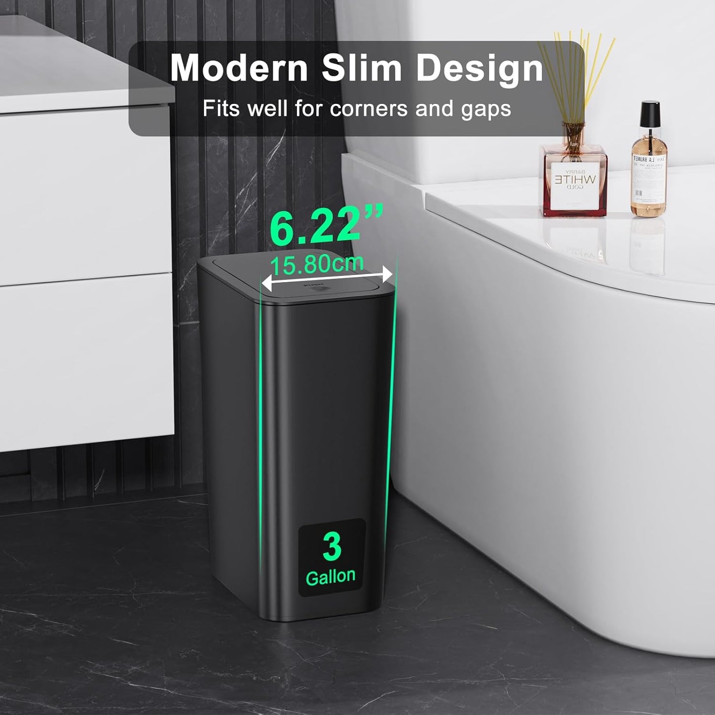 N. NETDOT 3 Pack Small Trash Can with lid, 3 Gallon Bathroom Trash Can,Garbage Can Slim Trash Bin Waste Basket for Bathroom,Kitchen,Bedroom,Living Room,Office,Laundry - Black