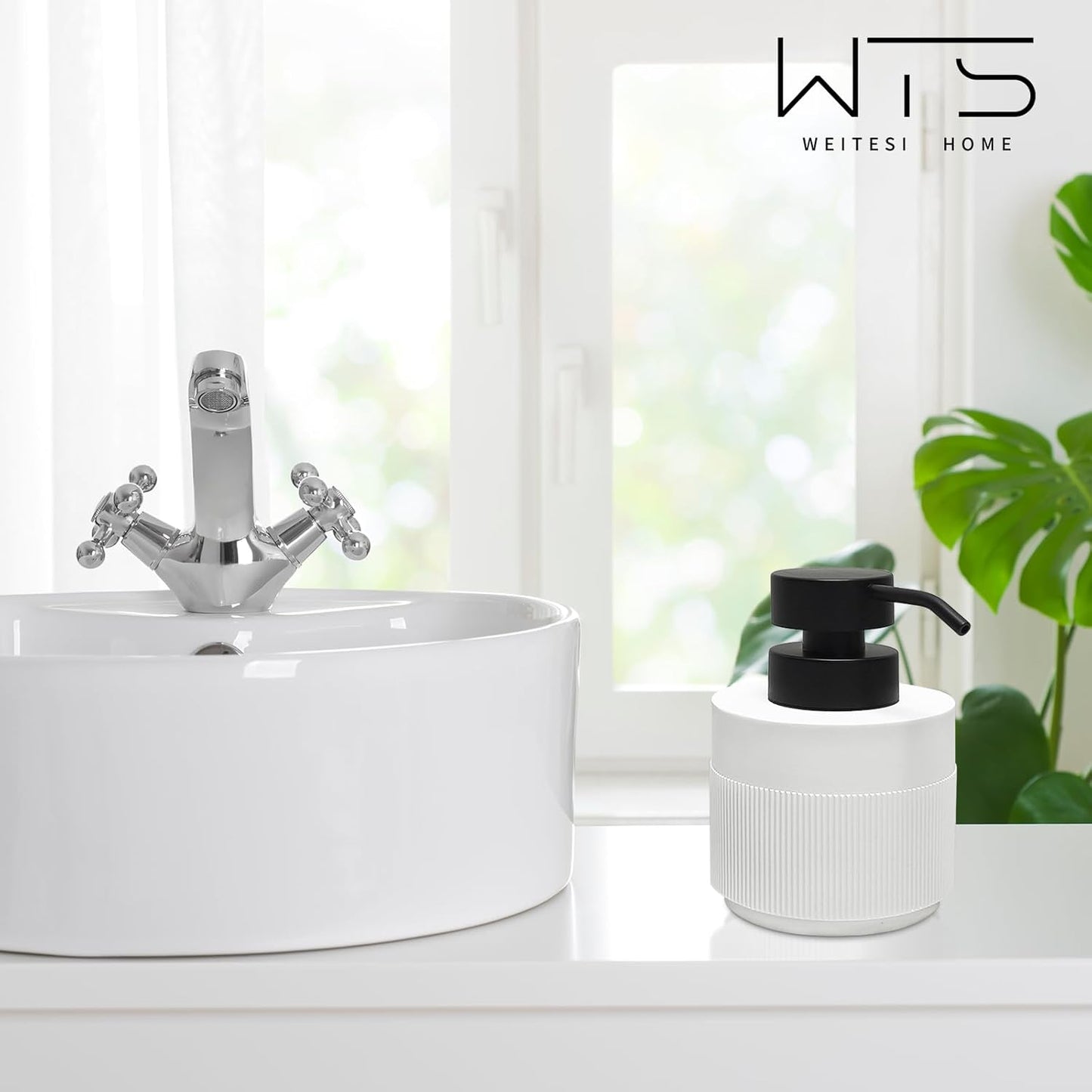 Resin Soap Dispenser for Bathroom, Hand Lotion Liquid Dispenser Easy-to-Press with Reusable Plastic Pump for Shampoo Bathroom Kitchen Countertop Anti-Slip Rust-Proof 12.5 oz White