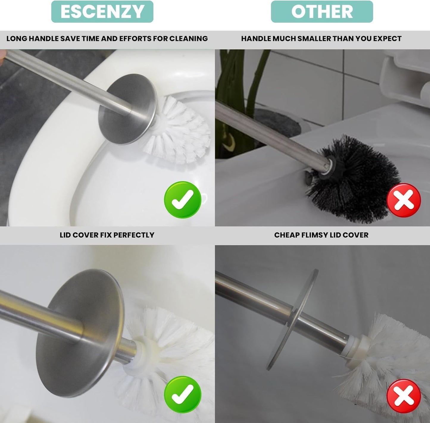 Escenzy Turquoise Green Toilet Brush and Holder Set Mosaic Glass | Non-Rustic Stainless Steel | Practical & Decorative Toilet Bowl Brush and Holder | Luxury Green Bathroom Accessories