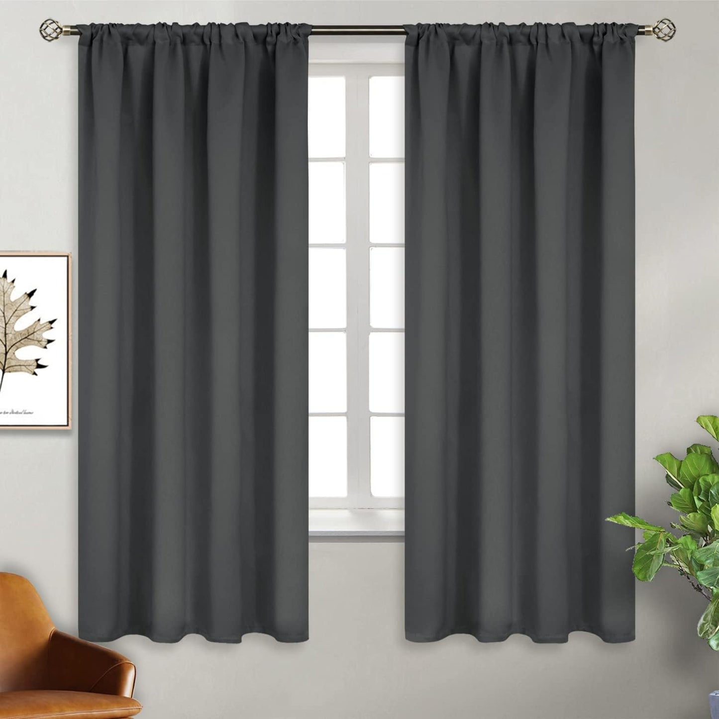 BGment Pocket Bedroom Curtains 63 Inch Long Dark Grey, Room Darkening Thermal Insulated Blackout Drapes for Living Room Privacy Light Blocking Blinds, 52 x 63 Inch, 2 Panels