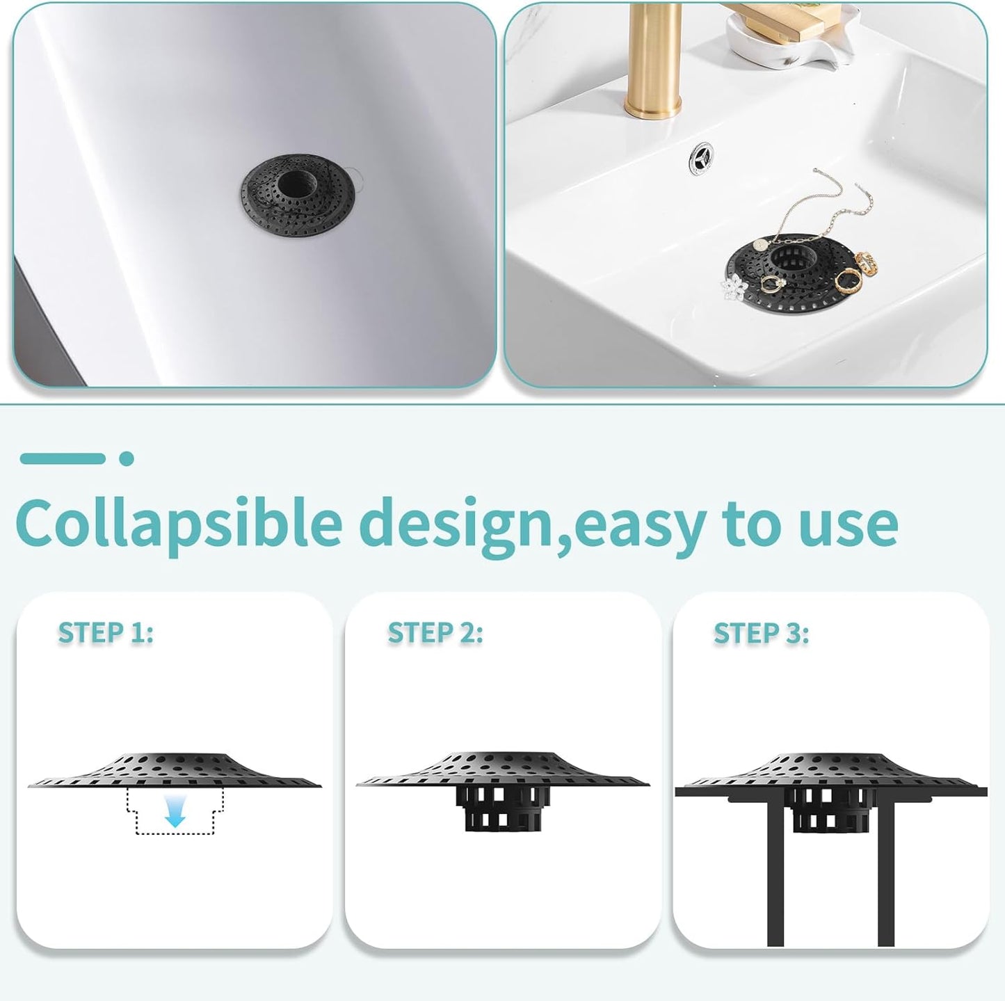 Shower Hair Drain Catcher, Silicone Bathtub Drain Hair Catcher Strainer, All-in-one Tub Hair Catcher Drain Protector for 1.48'' to 1.76'' Regular Drains, 3PCS/Black