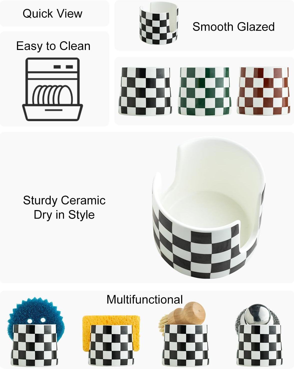 Checkered Kitchen Sink Sponge Holder, Dish Sponge Rack Ceramic Brush Holder Farmhouse Kitchen Dish Rack for Brush, Scrubbers, Bathroom, Sink, Black and White