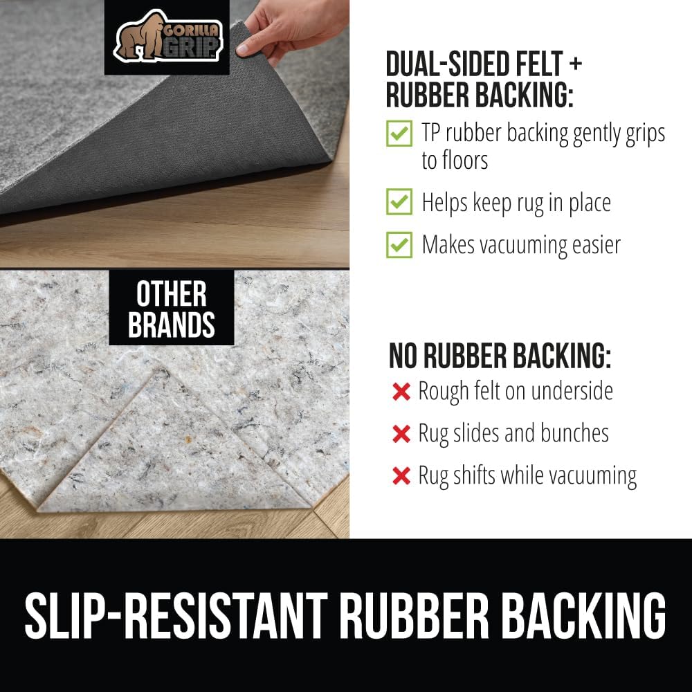 GORILLA GRIP Felt and Natural Rubber Stay in Place Slip Resistant Rug Pad, 1/8in Thick, 3x5 FT Protective Padding Under Area Rugs, Cushioned Gripper Pads, Carpet Runners, Hardwood Floors Protection