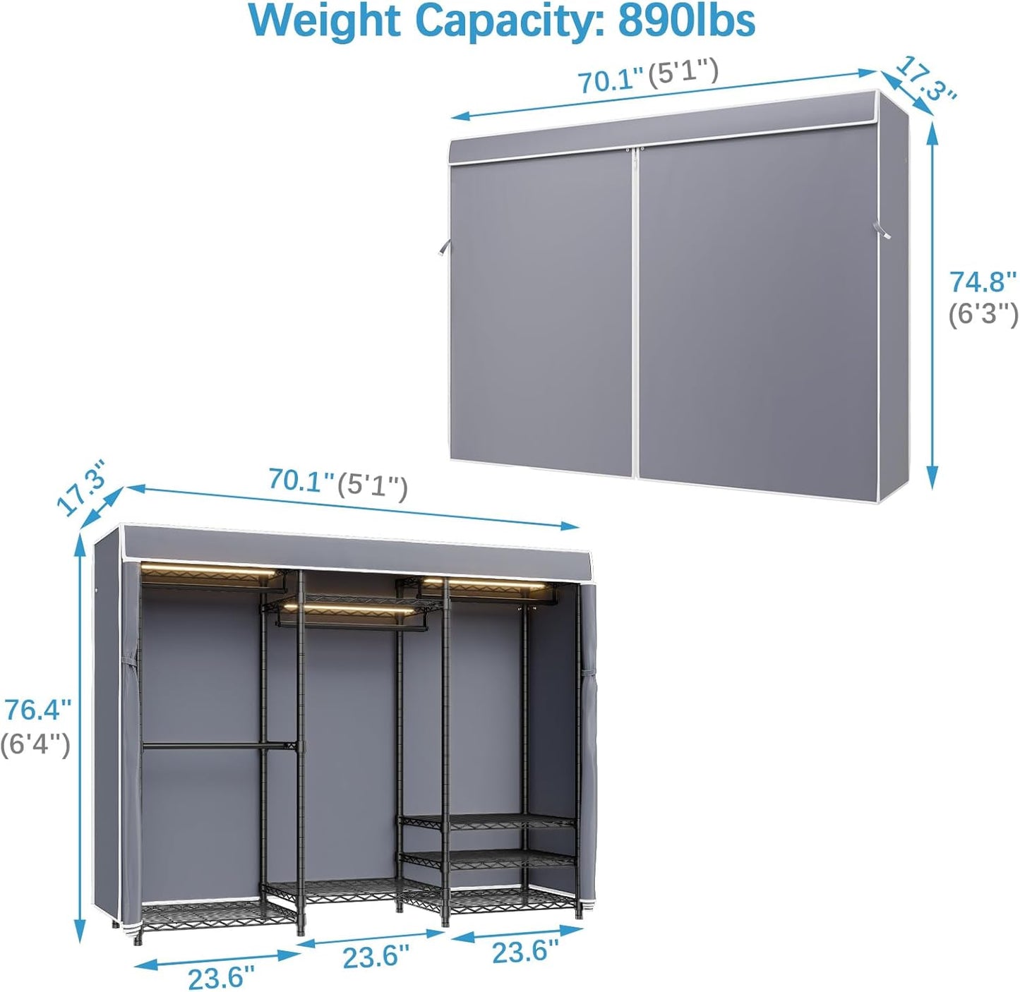 VIPEK V5LC Garment Rack Heavy Duty Covered Clothes Rack with Dimmable LED Lights, 3000K Warm White, Portable Closet Wardrobe Freestanding Clothing Rack for Hanging Clothes, Black Rack with Grey Cover