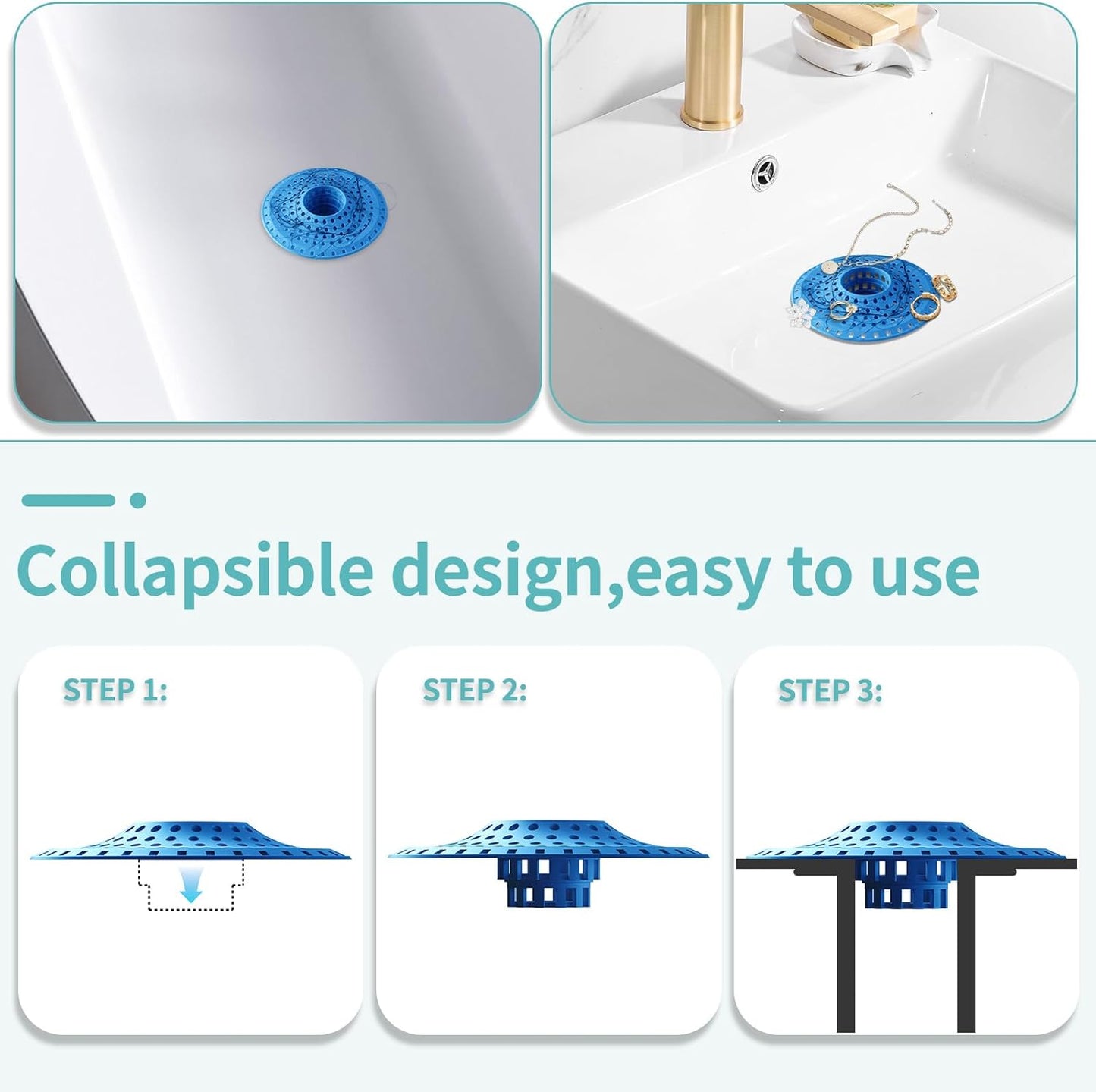 Shower Hair Drain Catcher, Silicone Bathtub Drain Hair Catcher Strainer, All-in-one Tub Hair Catcher Drain Protector for 1.48'' to 1.76'' Regular Drains, 3PCS/Blue