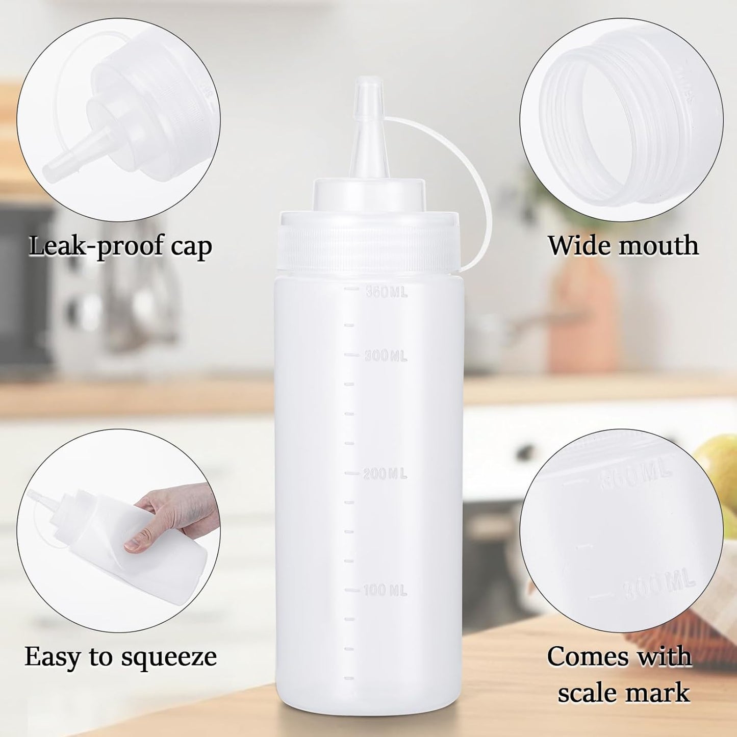 Condiment Squeeze Bottles Ketchup Dispenser, 6 Pack 12oz Squeeze Bottles for Liquids, Plastic Sauce Bottle with Cap Lid, Squirt Bottles for Sauces Liquids BBQ Dressing Pancake Art