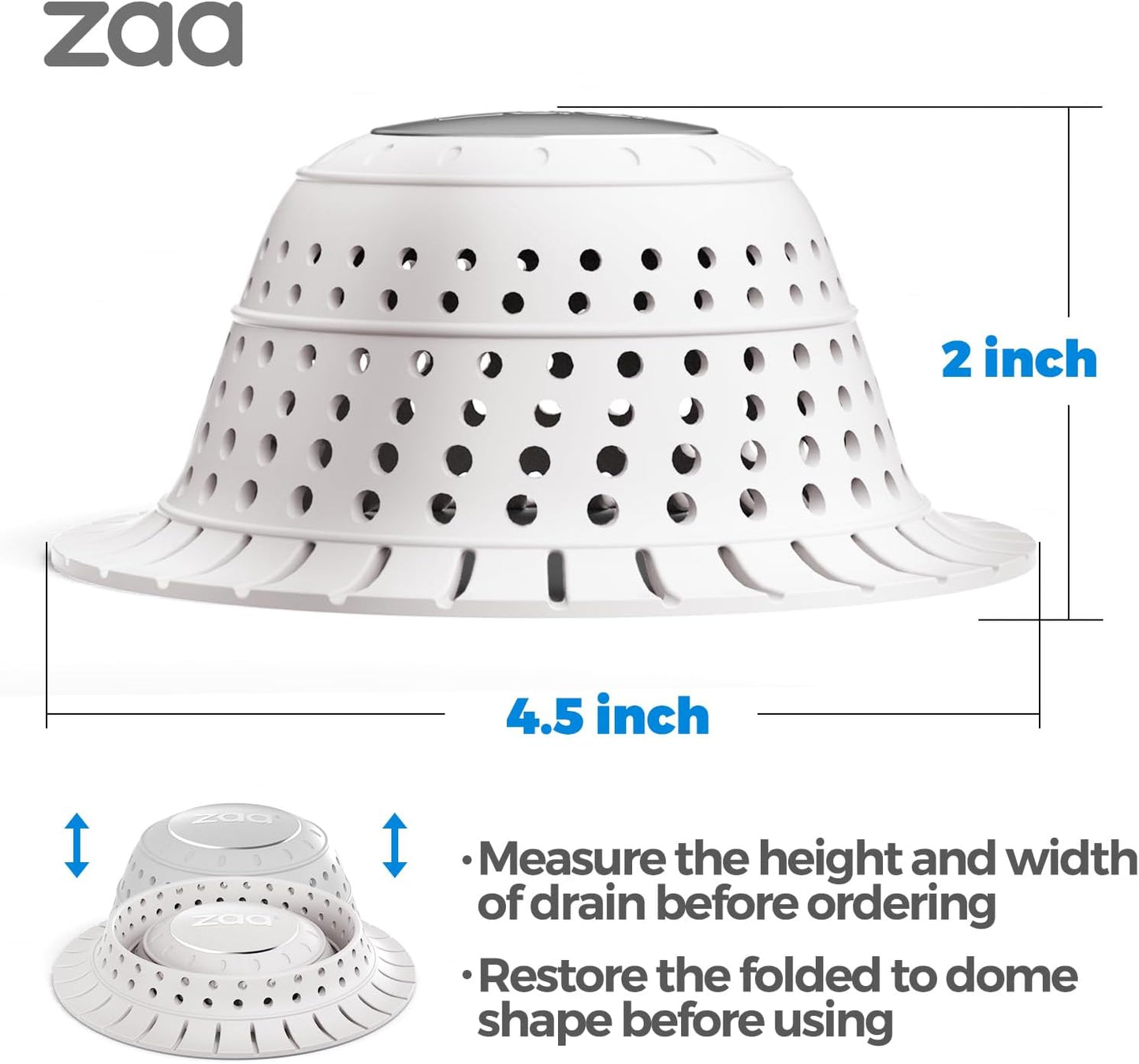 zaa Bathtub Drain Hair Catcher, Silicone Collapsible 1 Pack Drain Protector for Pop-Up and Regular Drains of Shower, Tub, Bathroom, Sink, Snow-White