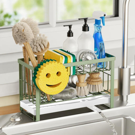 Sponge Holder for Kitchen Sink with Flexible Sink Caddy Smiley Face,2 Tier Kitchen Sponge Holder Countertop and Storage Essentials,Soap Dispenser Organize,Home Decor Accessories-Green