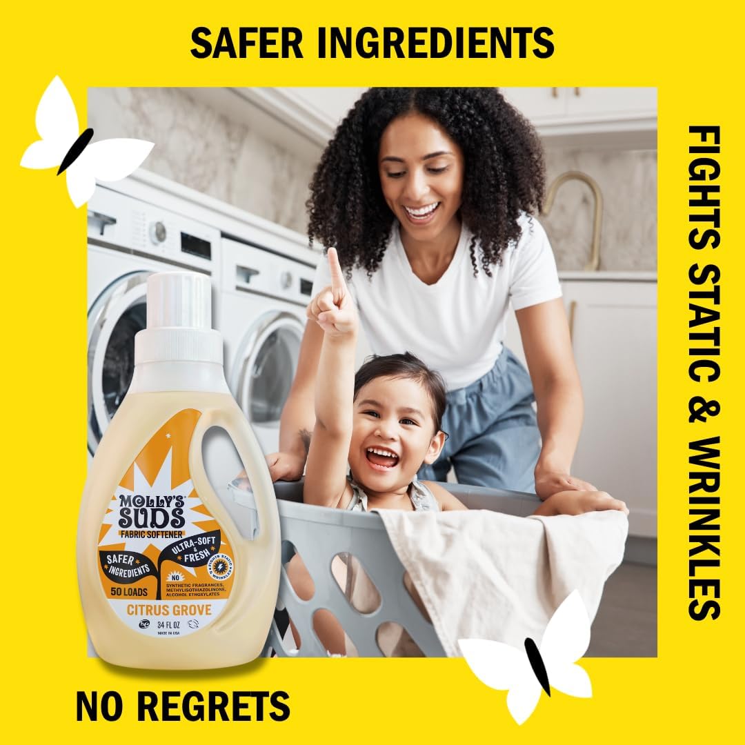 Molly’s Suds Fabric Softener Liquid for Sensitive Skin | Vinegar-Powered, Infused with Essential Oils | Fights Static, Reduces Wrinkles, Deodorizes | Citrus Grove, 50 Loads