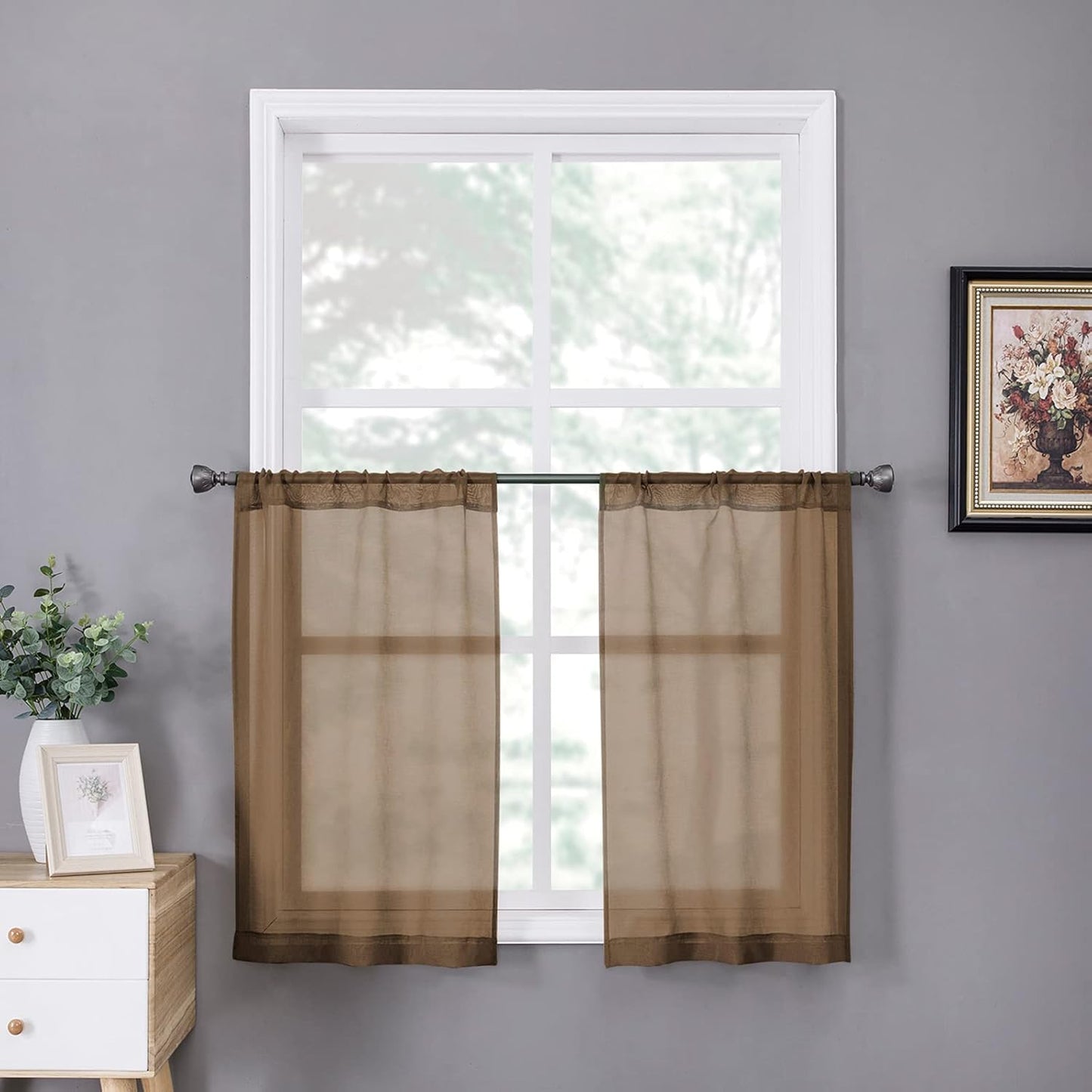 Tollpiz Short Sheer Tier Curtains Linen Textured Half Kitchen Curtain Sheers Light Filtering Rod Pocket Voile Small Curtain for Bathroom, 25 x 24 inches Long, Brown, Set of 2 Panels
