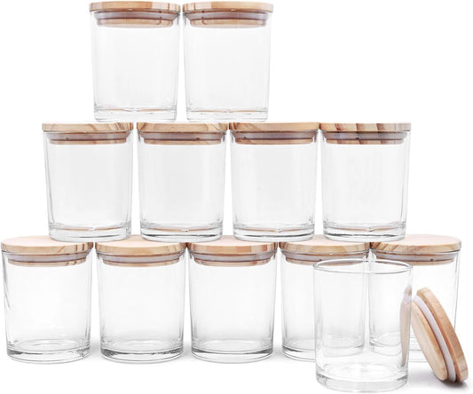 Thick Candle Jars for Making Candles 12 Pcs, 7 OZ Empty Jars with Wood Lids for Candle Making, Sample Container, Clear