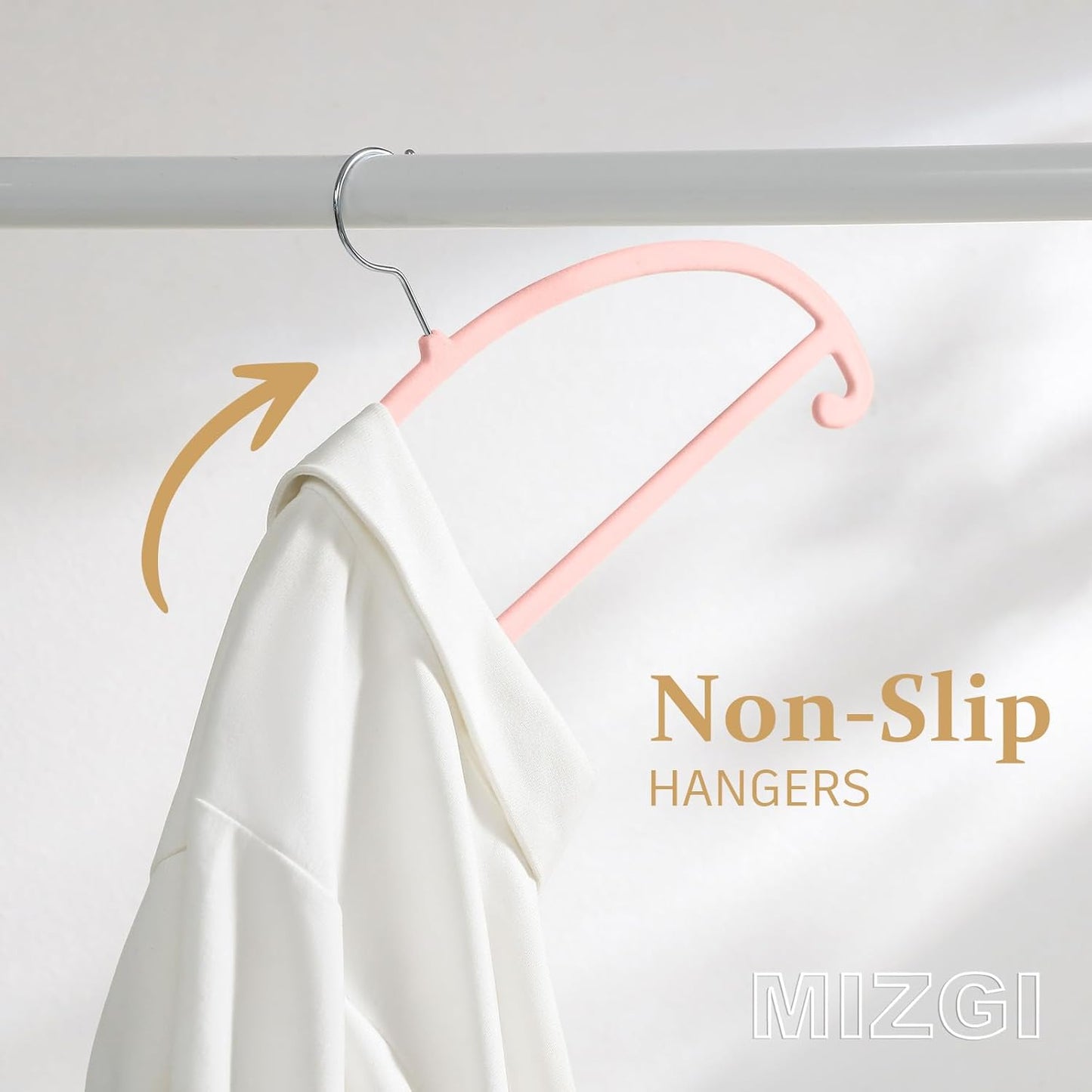 MIZGI 50 Pack Blush Pink Velvet Hangers - No Shoulder Bumps, Heavy Duty Non-Slip Chrome Hooks for Jackets, Coats, Pants