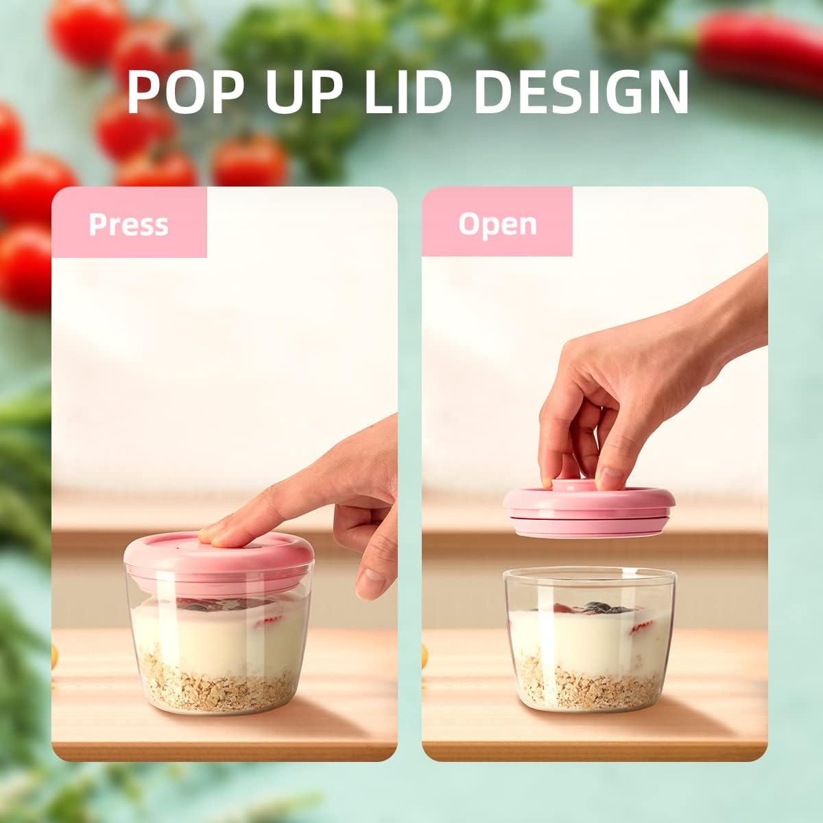 Ankou 400ml Meal Prep Container Set of 4 Pink Tritan Plastic Food Storage Containers with Lids, Airtight Leakproof Pop Top Lid Bowl for Breakfast Leftovers