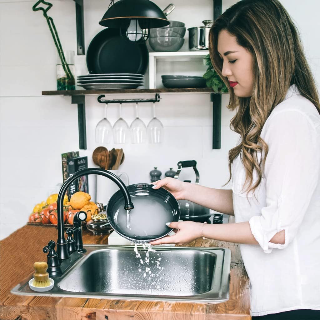 Bamboo Dish Brush with Ceramic Dish, Natural Bristle Palm Brush Pot Scrubber for Cast Iron Pans Vegetables and Kitchen Sink Cleaning - 2 Pack