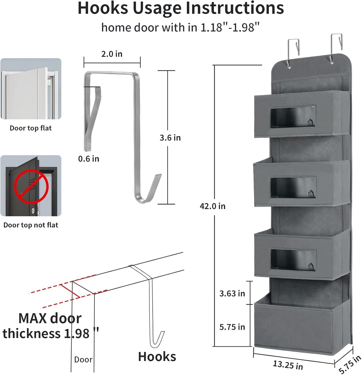 MAX Houser 4-Shelf Over The Door Hanging Organizer with 2 Metal Hooks,4 Pocket Over The Door Wall Mount Storage with Clear Windows for Baby Nursery Bathroom Closet,Bedroom,Dorm,Diapers,Kids Toys(Gray)