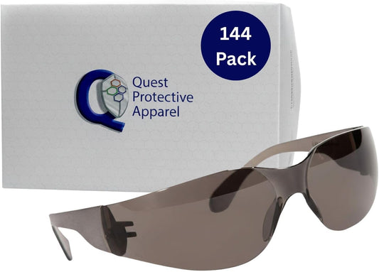 Quest Protective Apparel Safety Glasses for Men and Women - Anti Fog Safety Goggles for Shooting, Lab, or Construction – Polycarbonate Eye Protection [Smoke & Pack of 144 Pairs]