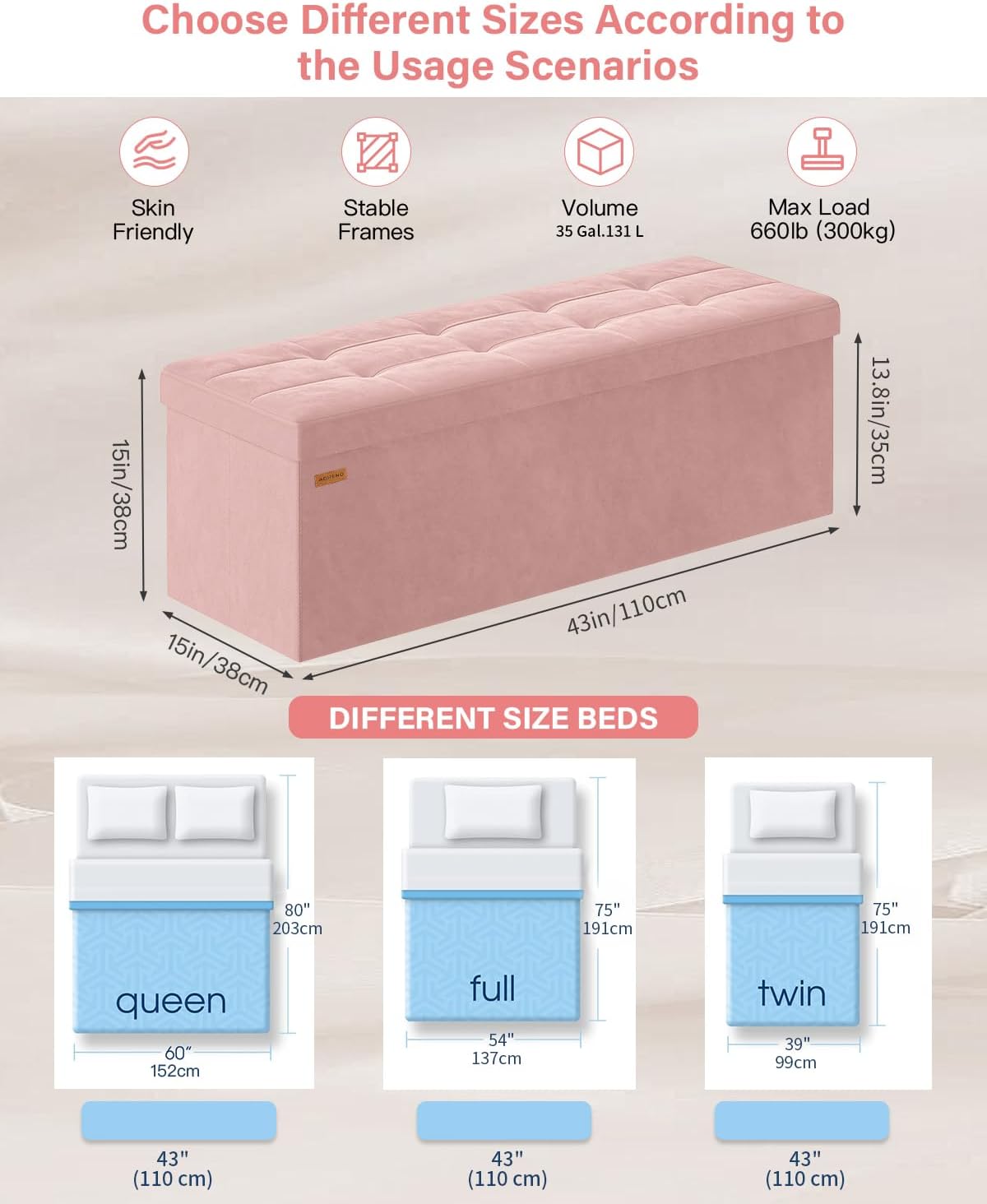 Folding Storage Ottoman, Velvet Storage Bench, Footrest, Removable Divider, for Living Room, Bedroom, 15 x 43 x 15 Inches, 660 lb Load Capacity, Jelly Pink UASND02P