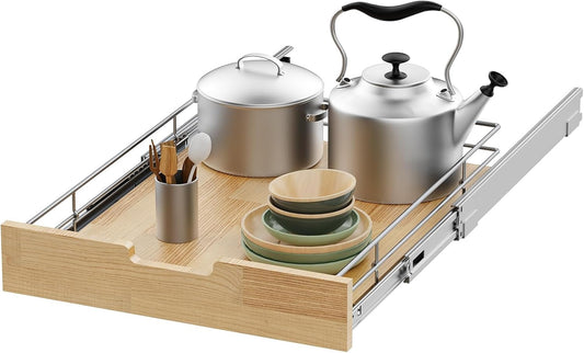 Pull Out Cabinet Organizer,Heavy-Duty Slide Out Shelf, Wood And Wire Basket, Pull Out Drawer for for Kitchen Under Sink Space, Pantry, Bathroom (11 * 21 WM)