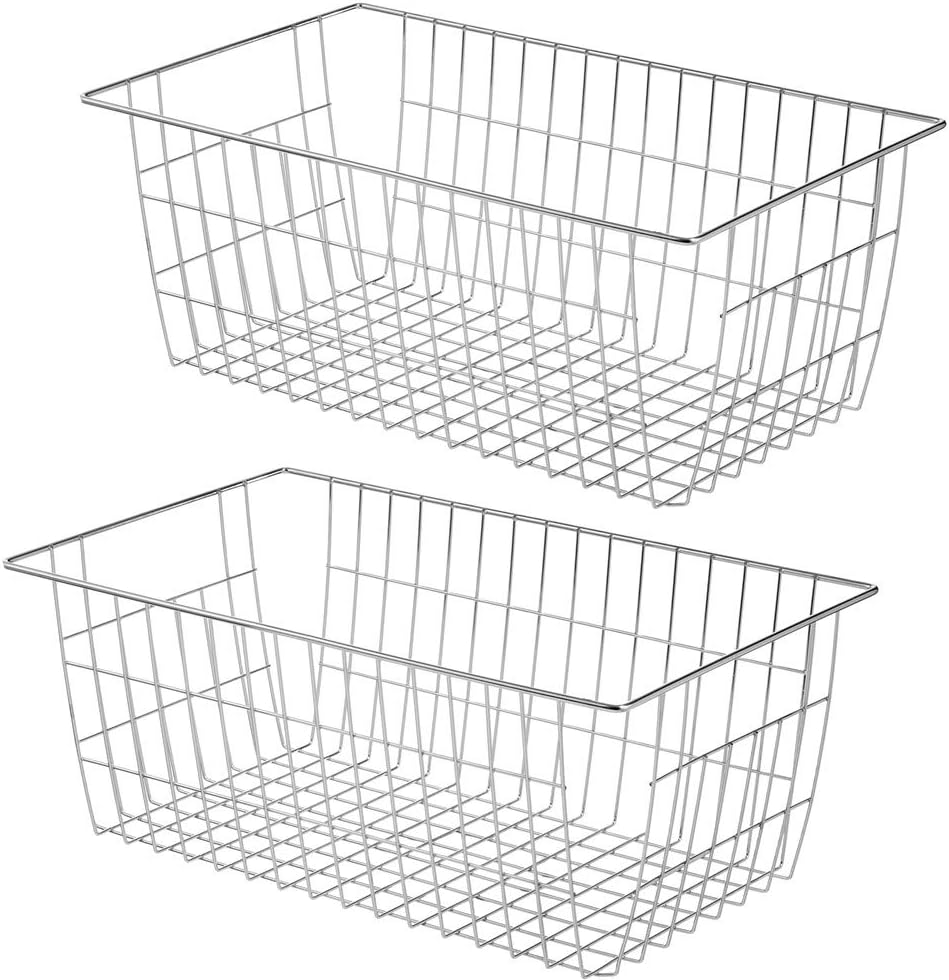Freezer Wire Storage Baskets,Farmhouse Organizer Storage Bins Large Organizer Bins for Laundry Room, Closets, Garage, Office, Bathroom, Pantry Organization Storage Bins -Set of 2 (Chrome)