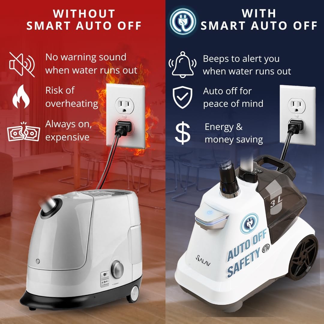 SALAV® Heavy Duty Smart Auto Shut-off Commercial Full-Size Garment Steamer, Beeping Alert when Water Runs out, Foot Pedal Control, XL 3L (101.5 oz) Tank, 1800 watts, 90+min of Continuous Steam, White