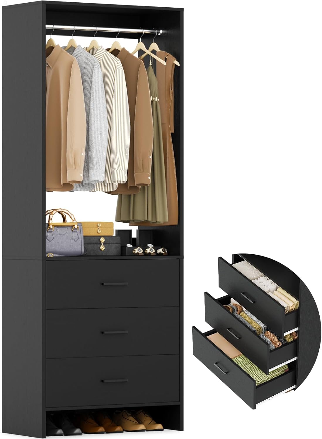 Aheaplus 2FT Closet System with 3 Drawers, 24’’ Closet Organizer, Wood Closet Organizer System, Walk-in Closet or Small Closets Wardrobe, Clothes Rack with Hanging Rods,-E7, Black