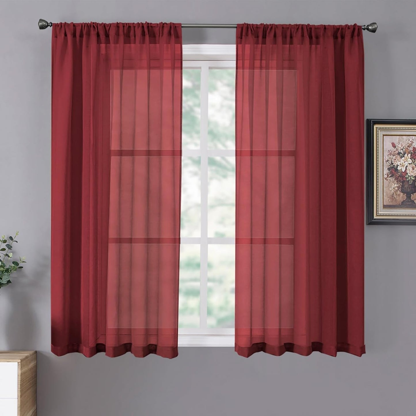 Tollpiz Short Sheer Curtains Linen Textured Bedroom Curtain Sheers Light Filtering Rod Pocket Voile Curtains for Living Room, 54 x 45 inches Long, Burgundy Red, Set of 2 Panels