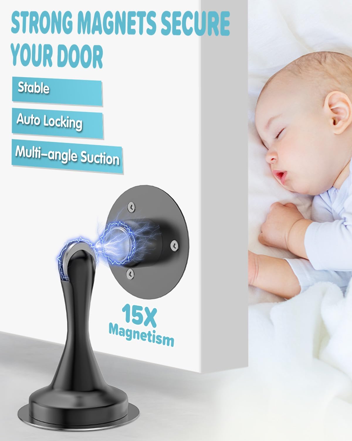 Door Stoppers Magnetic Door Catch - 2 Pack Stainless Steel Heavy Duty Door Stops for Bottom of Door, Wall & Floor Mounting No-Drill Strong Adhesive & Screws, Strong Door Holder to Keep Door Open