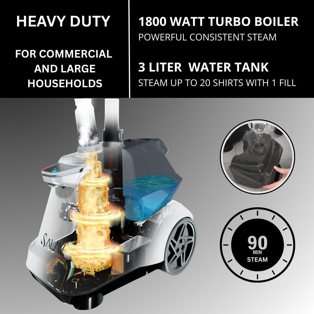 SALAV Heavy Duty Commercial Full-Size Garment Steamer with Foot Pedals and Extra Large 3L (101.5 oz) Water Tank, 1800 watts, 90+min of Continuous Steam (White)