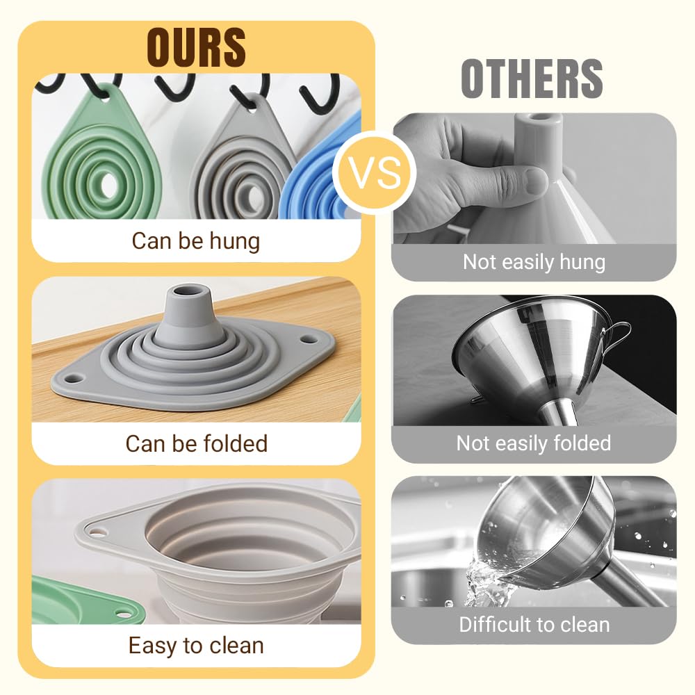 Kitchen Funnel Set, Wide-Mouth Foldable and Telescopic Design, Liquid Separation Funnel, Silicone (6 pcs)