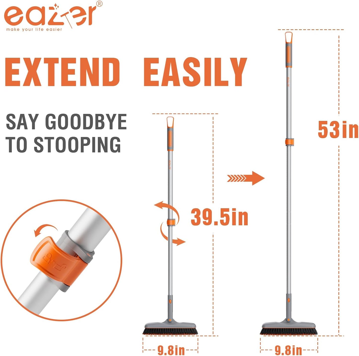 Eazer 53‘’ Grout Brush with Long Handle, 180°Rotation Tile Grout Cleaning Tool, V-Shape Shower Scrubber Cleaner, Stiff Bristle for Cleaning Bathroom Wall, Baseboards, Tile Floors - 2 Head
