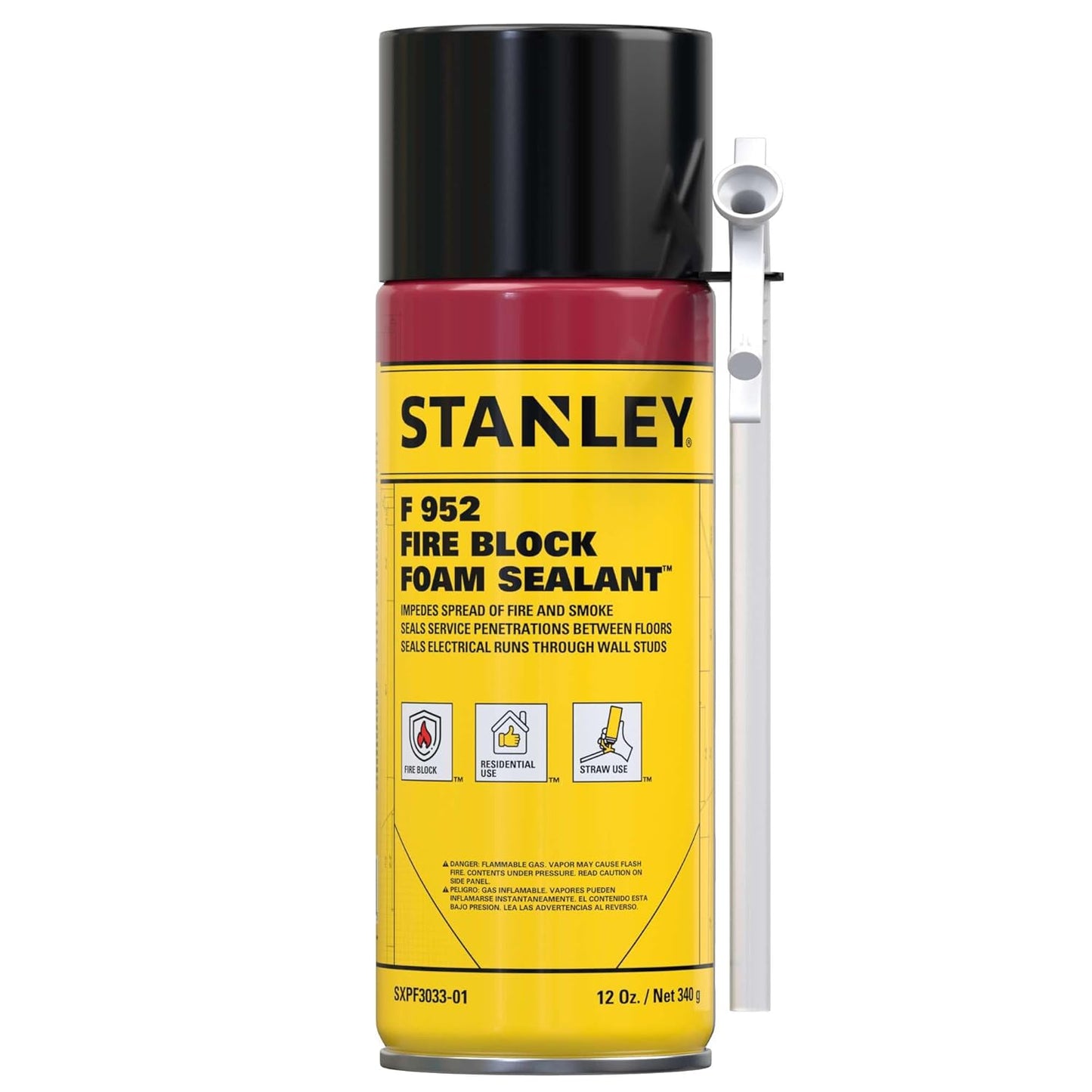 Stanley F952 Fire Block Spray Foam – (1x12oz) Fire Rated Expanding Polyurethane Foam Sealant for Gap Filling & Sealing on Doors, Windows, Walls, Pipes & Joints – Indoor/Outdoor Straw Use | 1 Pack