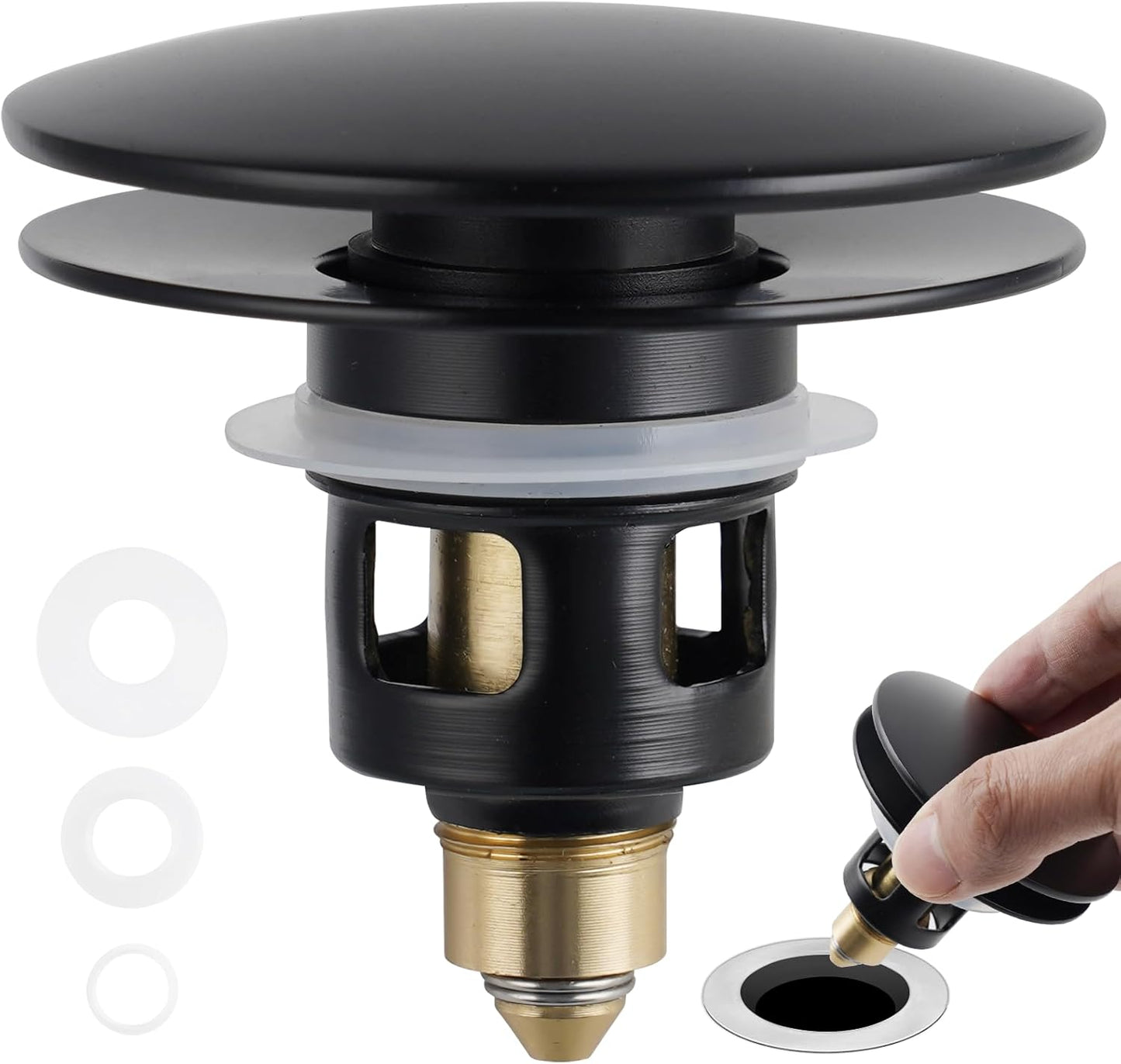 Universal Bathroom Sink Drain Strainer Hair Catcher Upgraded with Removable Stainless Steel Filter Basket, 2 in 1 Pop Up Sink Stopper for 1.1''~2.36'' Sink Basin Hole, Big Cover Cap, Matte Black