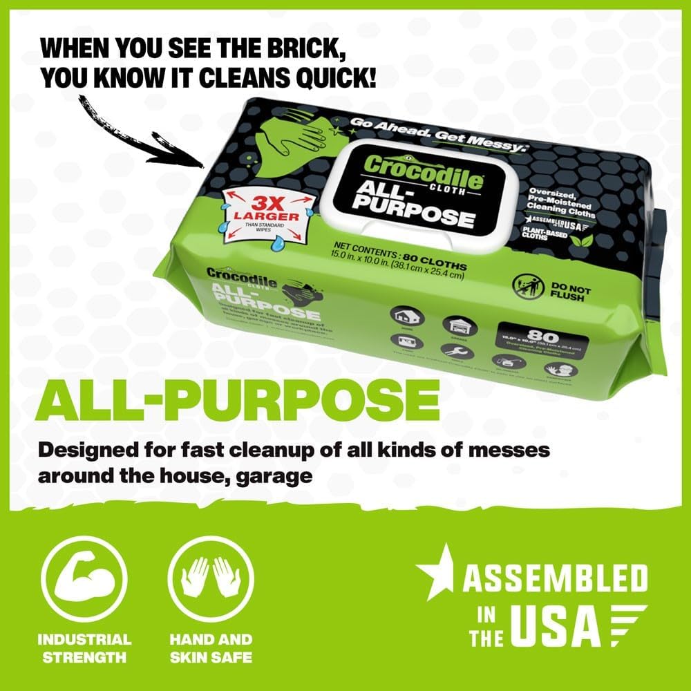 Crocodile Cloth All-Purpose Cleaning Wipes – 80 Count, 15"x10" Extra Large Plant-Based Disposable Cloths – Moist, Absorbent, Safe on Skin, Multi-Surface Use