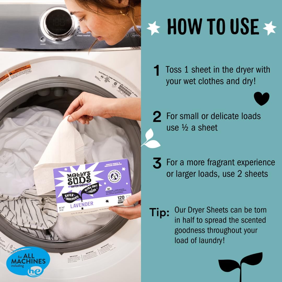 Molly's Suds Fabric Softener Dryer Sheets for Sensitive Skin | Plant-Based Static Reducer, Plastic-Free Packaging | Bundle of 2, Unscented (240 Sheets Total)