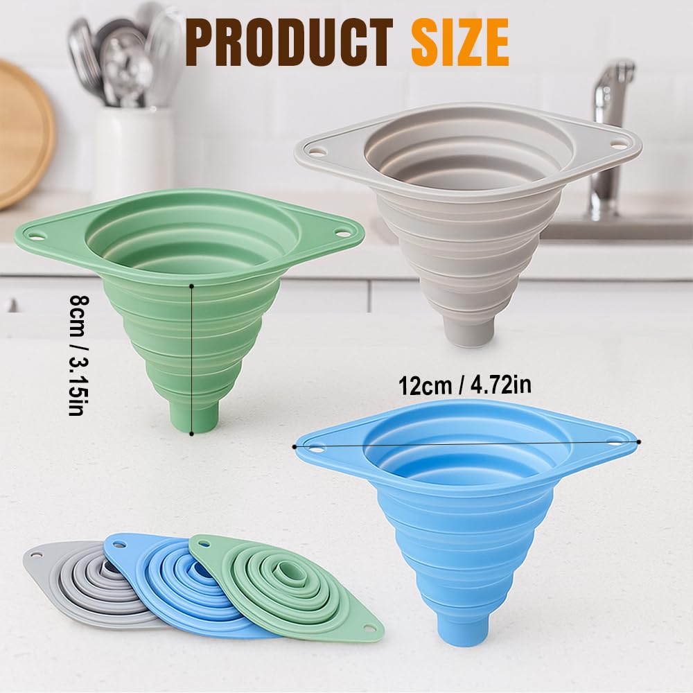 Kitchen Funnel Set 3 Pack, Collapsible Silicone Funnels for Filling Water Bottles & Small Bottles | Food-Grade, Easy Clean & Space-Saving (Blue)