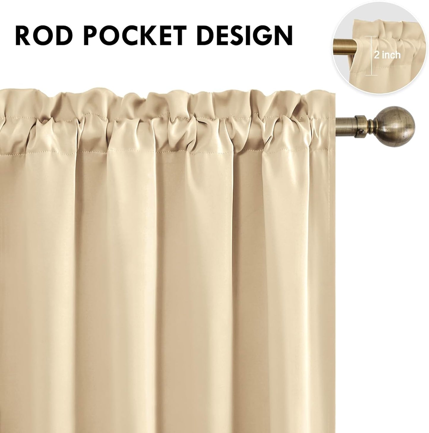 DWCN Blackout Curtains Room Darkening Thermal Insulated Bedroom Curtains Window Curtain Panels, 52 x 54 inches Long, Set of 2 Beige Rod Pocket Drapes
