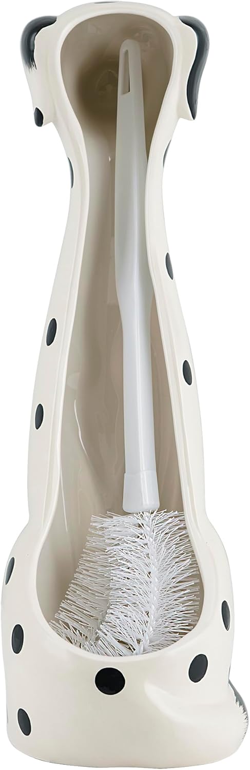 Allure Home Creation Dalmatian Dog White & Black 2-Piece Ceramic Toilet Brush Holder w/White Plastic Handled Scrub Brush, 9.4” x 5.3” x 16.7”