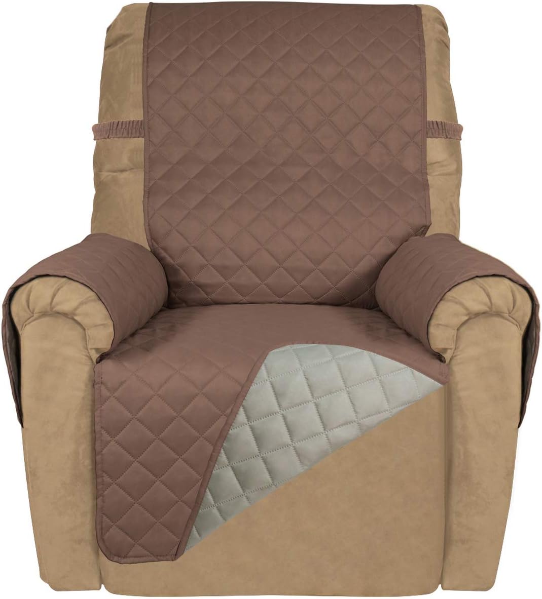 PureFit Reversible Quilted Sofa Cover, Water Resistant Slipcover Furniture Protector, Washable Couch Cover with Non Slip and Elastic Straps for Kids, Dogs, Pets (Small Recliner, Brown/Beige)
