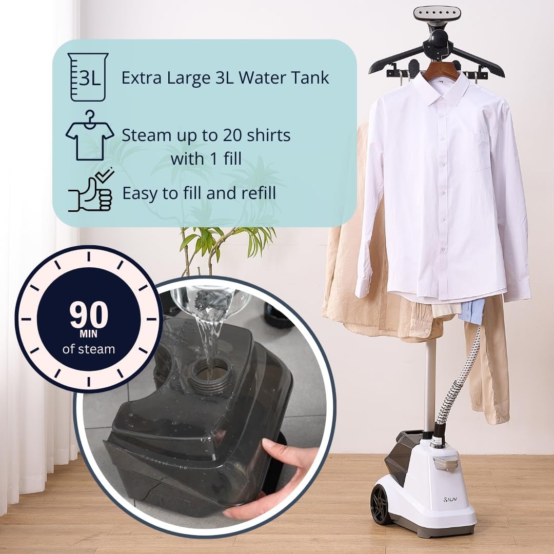 SALAV Commercial-Grade Standing Garment Steamer for Clothes with Auto-Off Safety 1800W Powerful Steam X-Large 3L Water Tank, 90-Min Continuous Use, Pedal-Control System, Beeps when Out of Water, White
