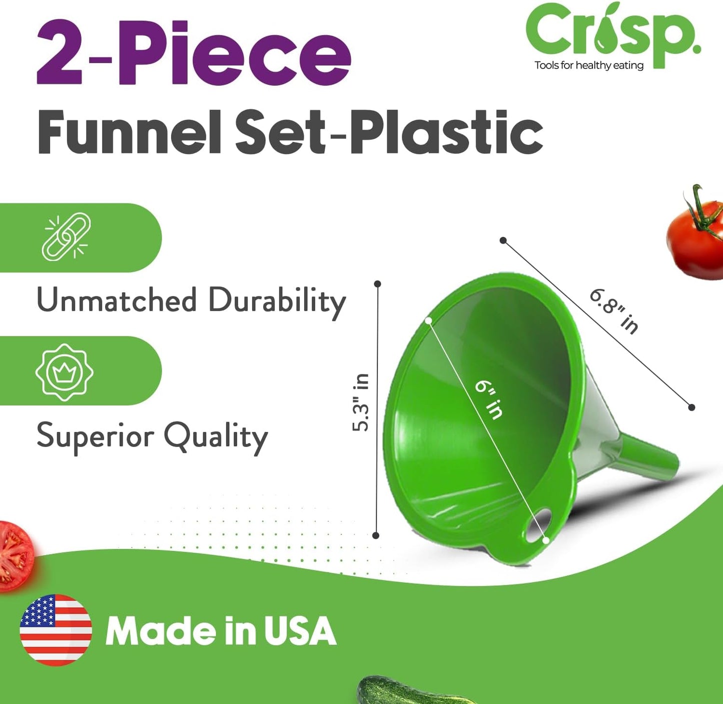 Crisp 2-Piece Funnel Set - All Purpose Funnels for Kitchen Use Filling Bottles - Durable & Dishwasher Safe Kitchen Funnel Set - Made in The USA - Bright Green