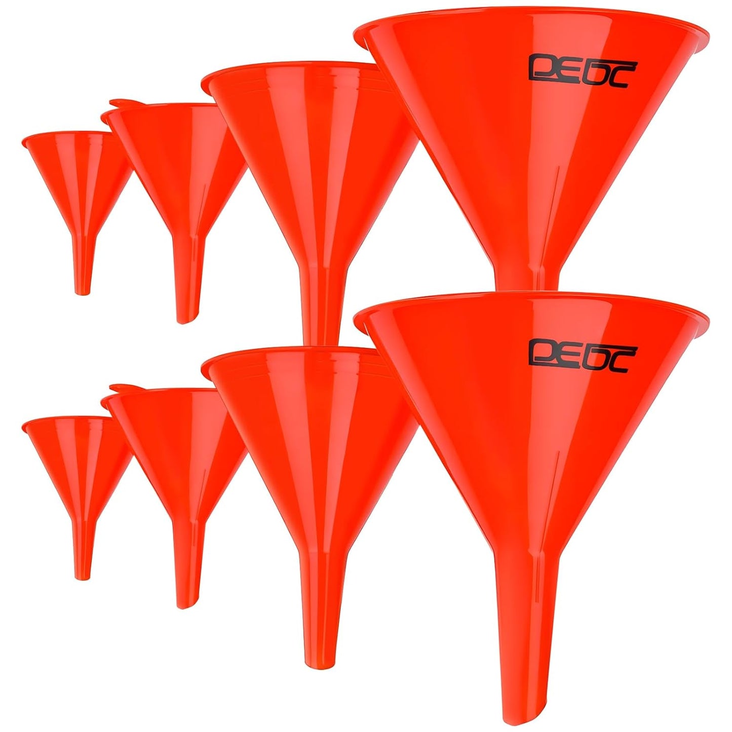 DEDC Oil Funnels, Plastic Gas Funnels Set for Car, Automotive, Kitchen, Mini Small Large Red (8pcs)