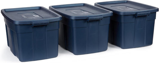 Rubbermaid Roughneck Tote 31 Gal, 3 Pack, Made in USA, Dark Indigo Metallic, Rugged Plastic Stackable Storage Bins with Lids and Handles