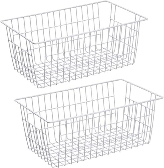 Slideep Freezer Baskets Farmhouse Organizer Storage Basket with Handles, Food Storage Bin for Kitchen Cabinets, Pantry, Closet, Bedroom, Bathroom, Office, 2 Pack, White