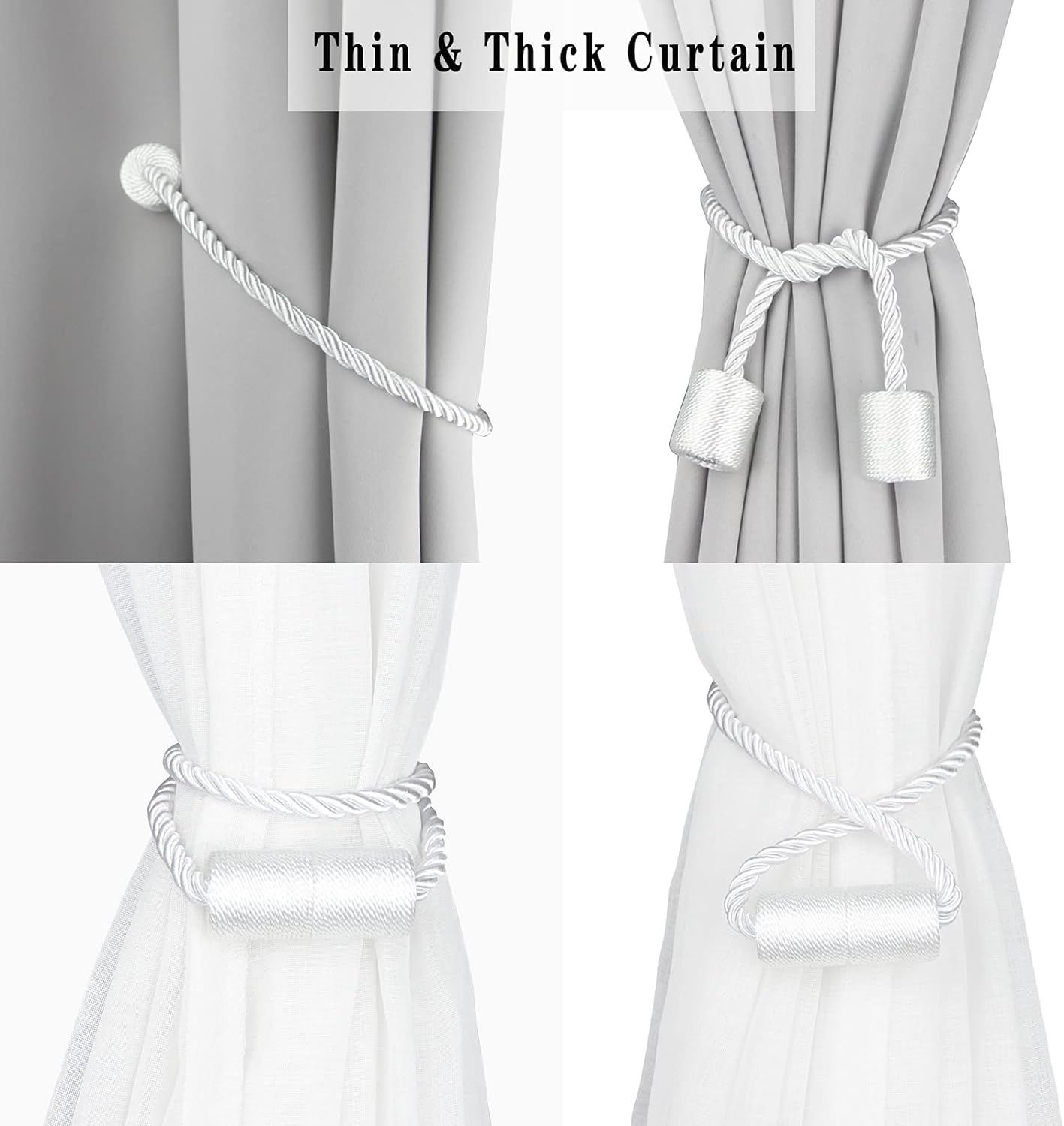 2 Pack White Strong Magnetic Curtain Tiebacks Outdoor Elegant Decorative Tie Backs Modern Rope Tiebacks for Drapes Window Curtain Holdbacks for Draperies