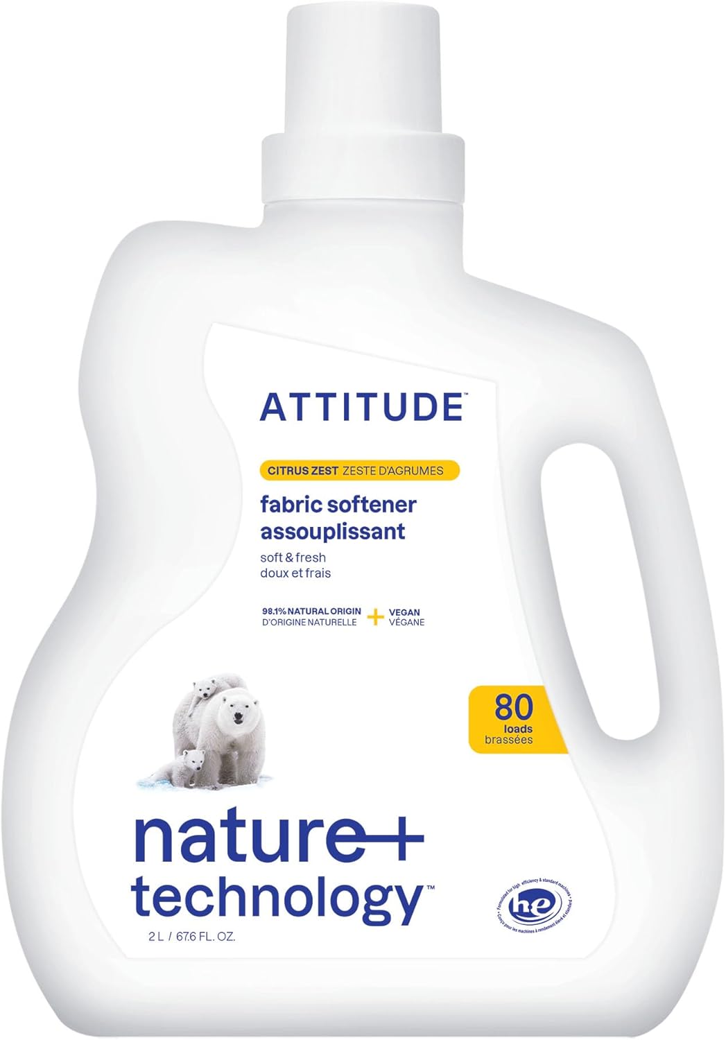 ATTITUDE Liquid Fabric Softener, Plant-Based & Vegan, HE Compatible, Naturally Derived, Citrus Zest Scent, 80 Loads, 67.6 Fl Oz