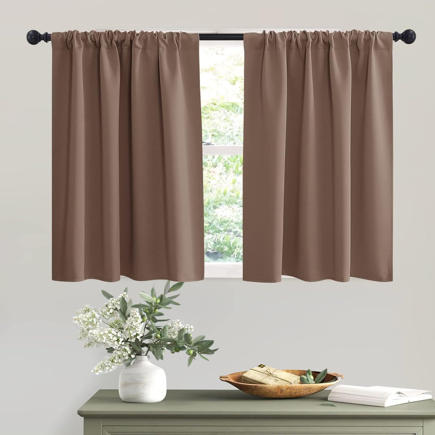 RYB HOME Small Window Curtains - Half Window Decor Blackout Shades for Living Room, Short Curtains for Cafe Shop Bathroom, 42 inches Wide x 36 inch Long, Mocha, 2 Panels