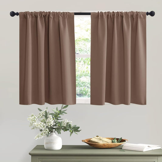RYB HOME Small Window Curtains - Half Window Decor Blackout Shades for Living Room, Short Curtains for Cafe Shop Bathroom, 42 inches Wide x 36 inch Long, Mocha, 2 Panels